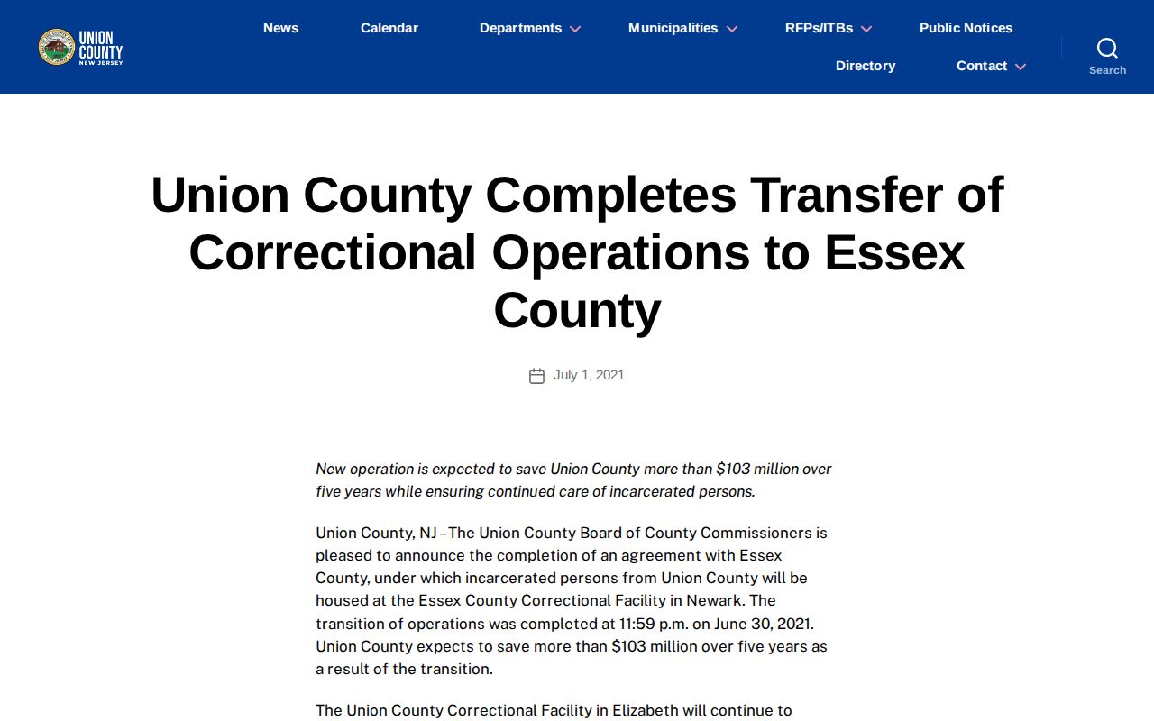 Union County announcement describing the adult corrections transfer to Essex and Elizabeth intake hub