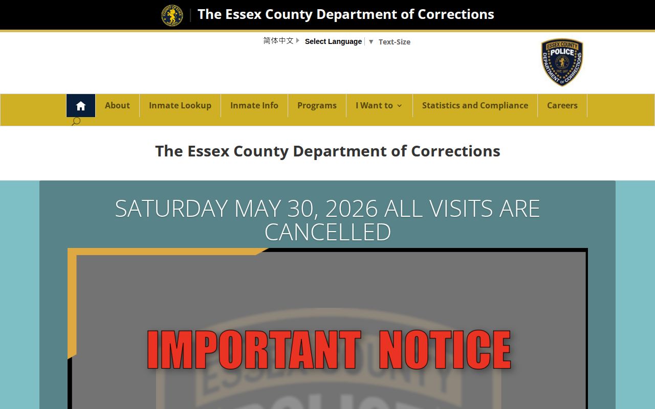 Official Essex County corrections page with facility and legitimate release information contacts