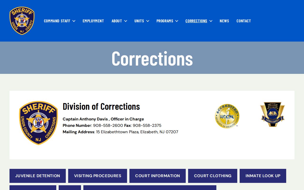Official Union County Sheriff Division of Corrections contact page