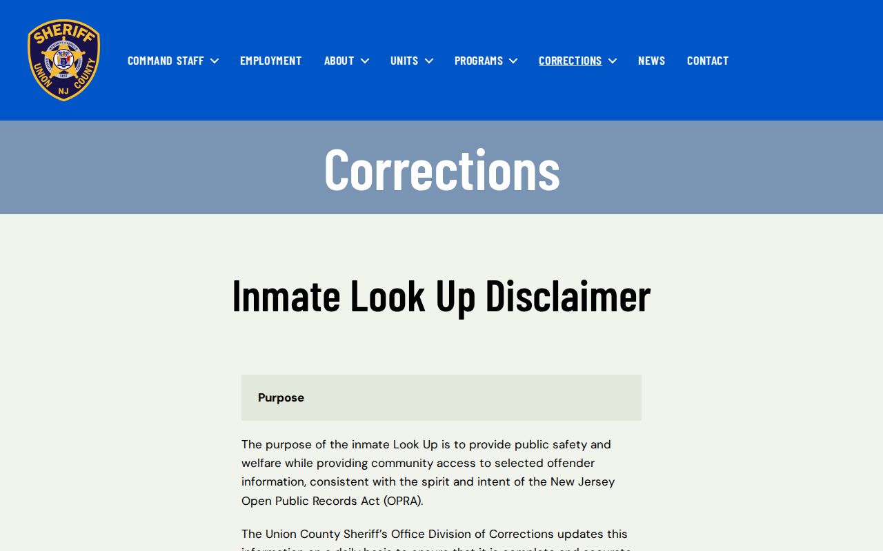 Union County released inmate lookup disclaimer and daily update limits