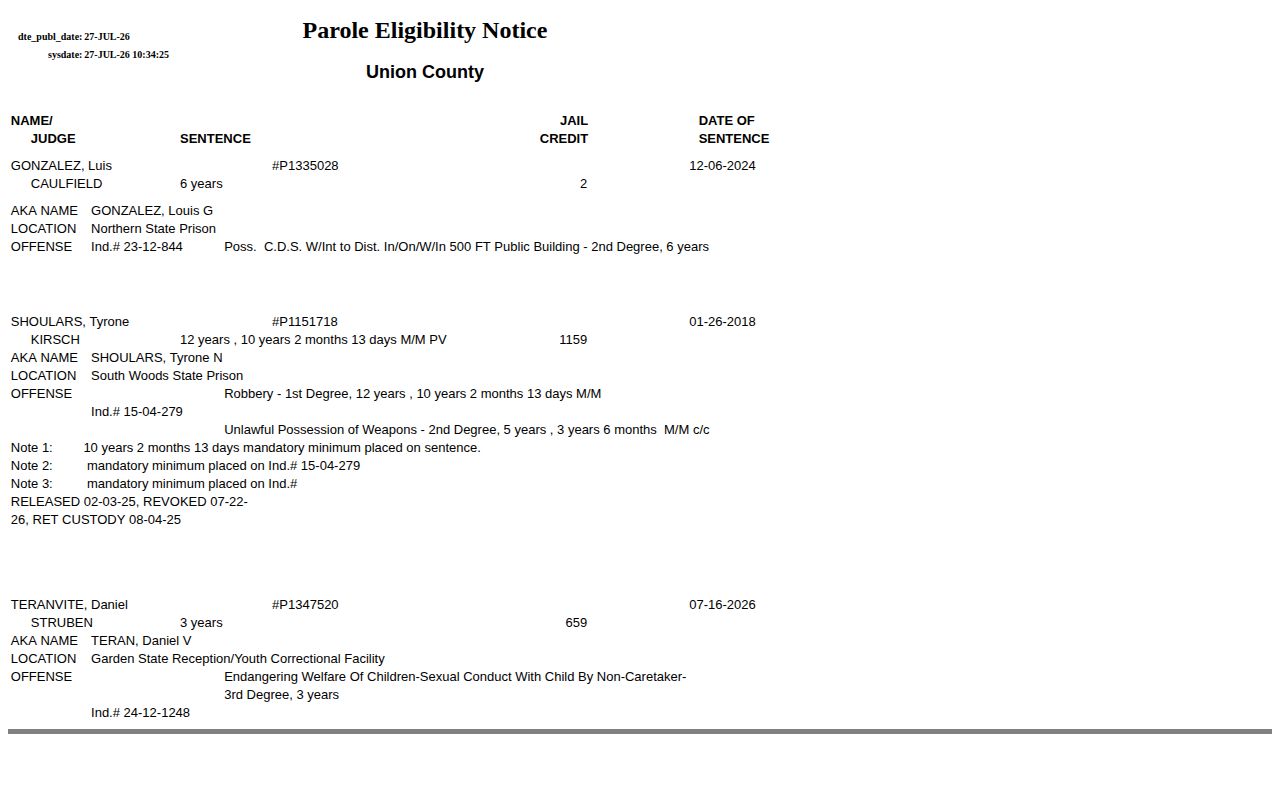 Union County parole eligibility notice for post-release supervision research