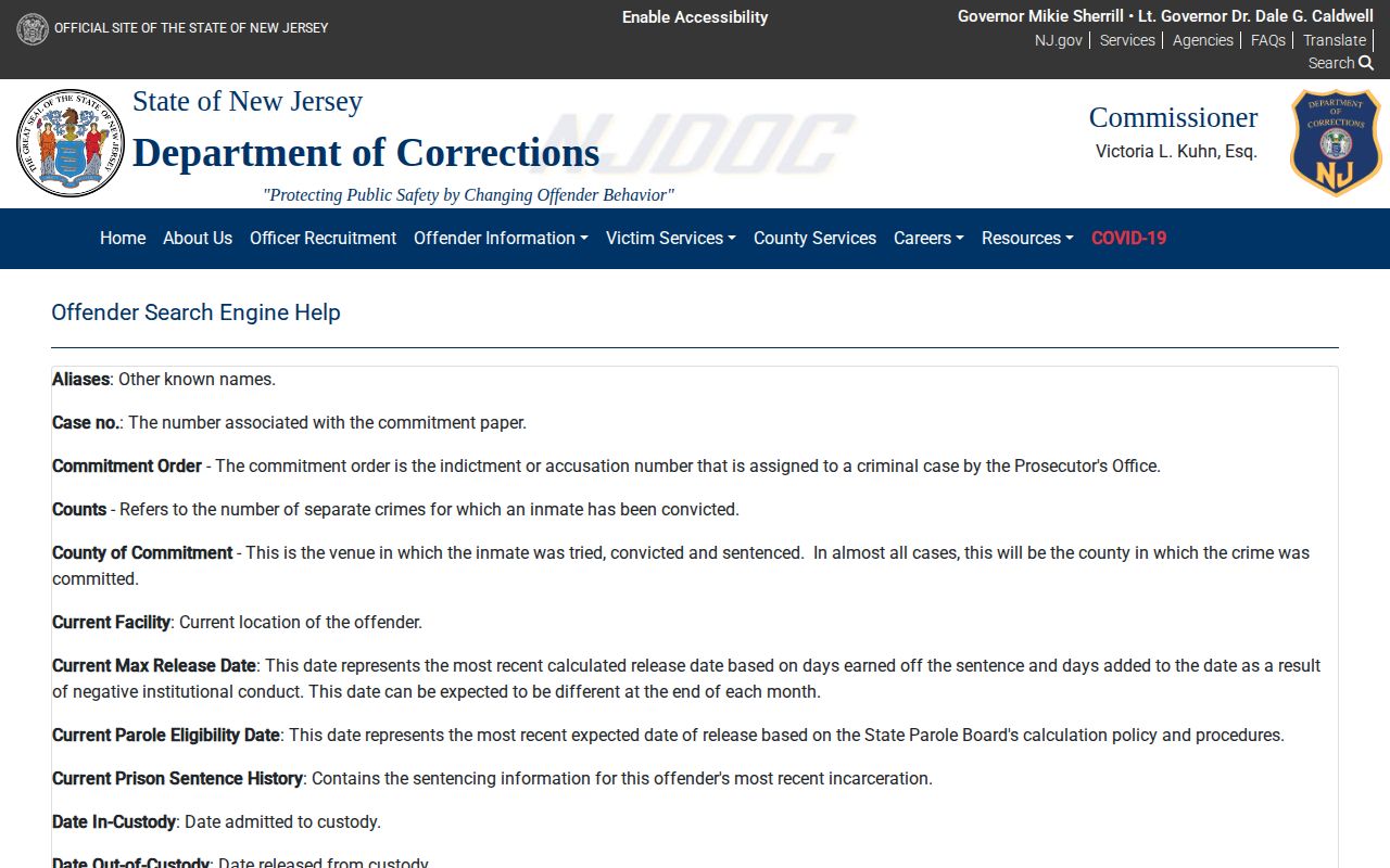 NJDOC field definitions for a Union County inmate release date